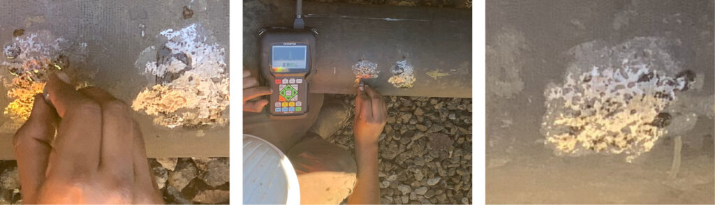 UT testing on an excavated ductile iron pipeline, graphitization